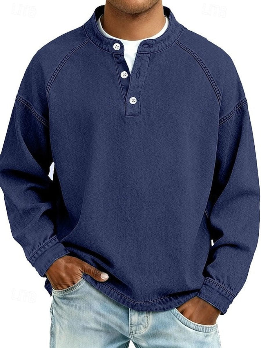 Pull col boutonné effet délavé vintage royal bleu pour homme