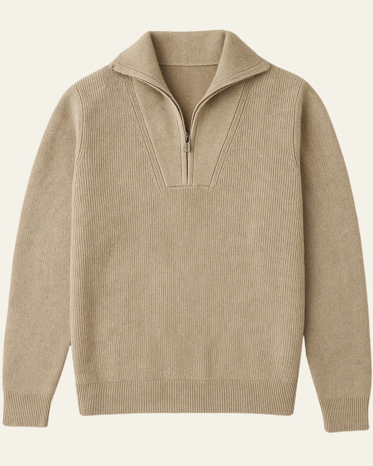 Pull col haut demi-zip côtelé beige pour homme