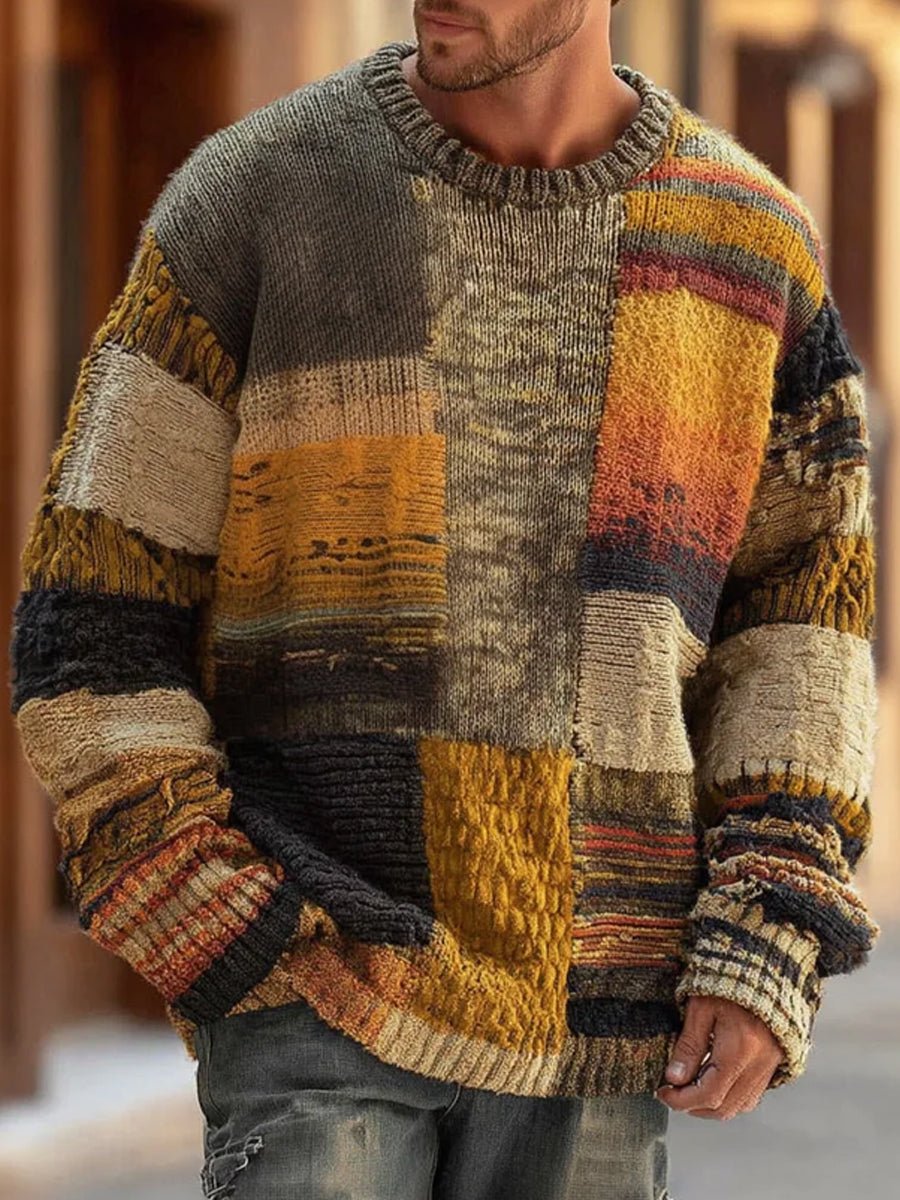 Pull col rond patchwork multicolore décontracté abstract pour homme