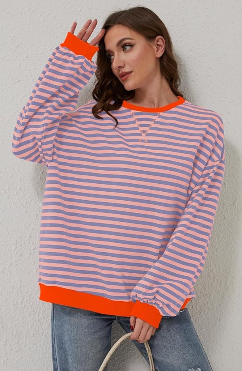 Pull rayé oversize à capuche pompom orange & bleu pour femme