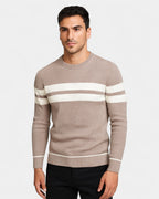 Pull texturé rayures contrastées col rond beige pour homme