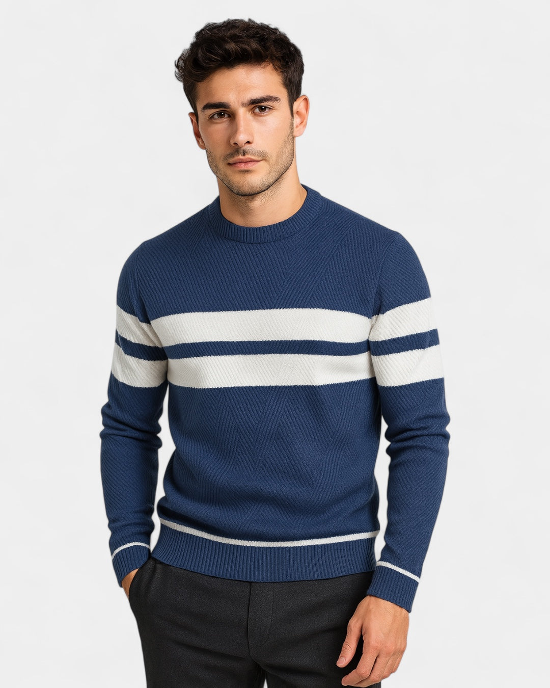Pull texturé rayures contrastées col rond bleu foncé pour homme