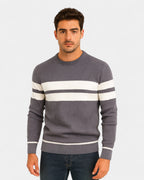 Pull texturé rayures contrastées col rond gris foncé pour homme