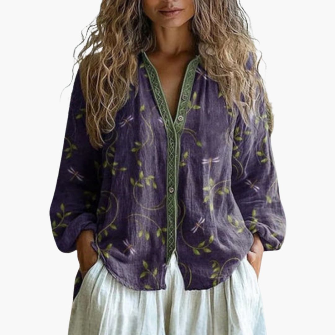 Purple long sleeve blouse with floral and dragonfly embroidery, front view