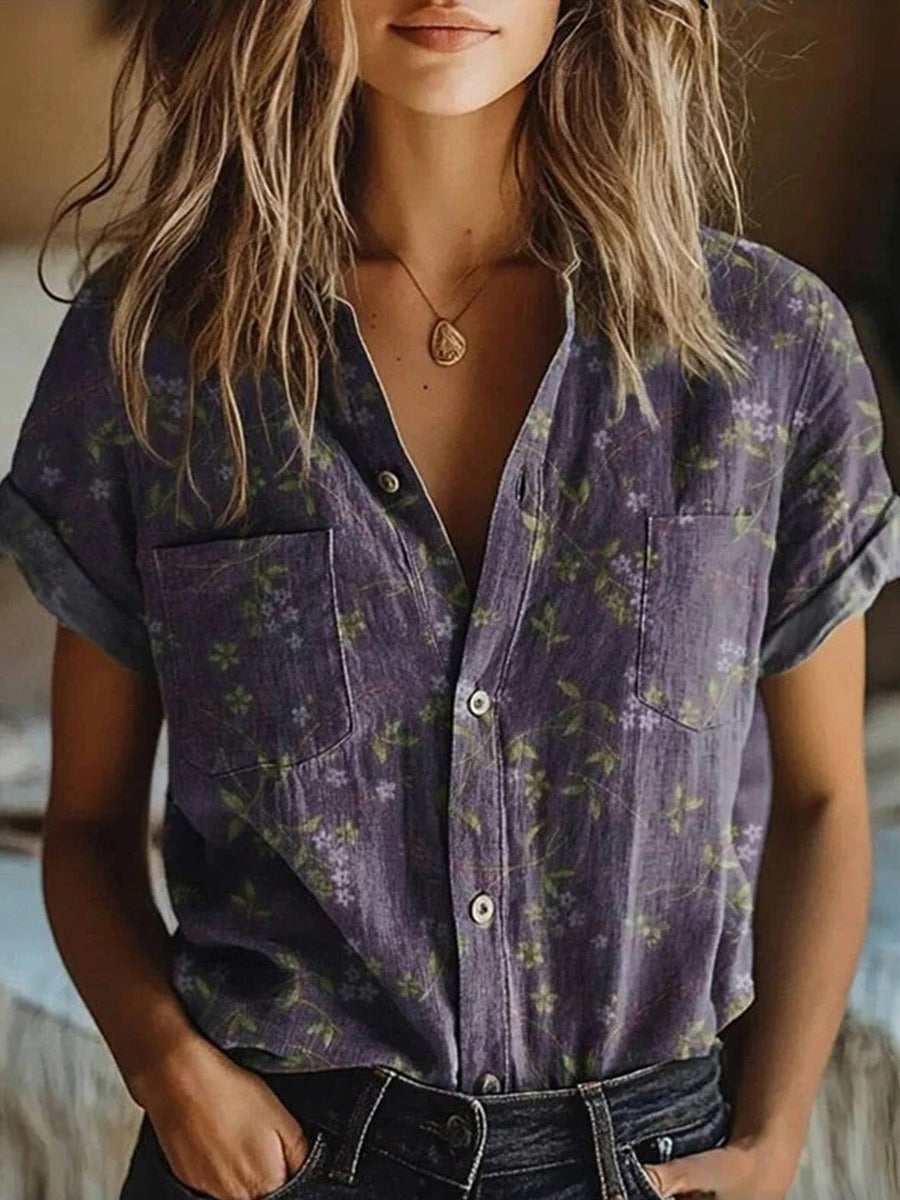 Women's purple floral blouse with button front and lapel collar, displayed flat