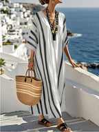 Women's Striped Maxi Caftan Dress with Deep V Neck and Long Sleeves