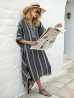 Women's Striped Maxi Caftan Dress with Deep V Neck and Long Sleeves