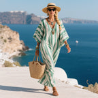 Women's Striped Maxi Caftan Dress with Deep V Neck and Long Sleeves
