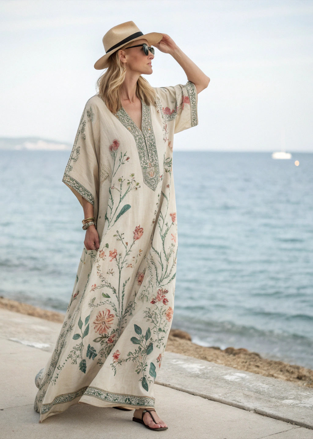Women's V-Neck Maxi Caftan Dress with Bohemian Print