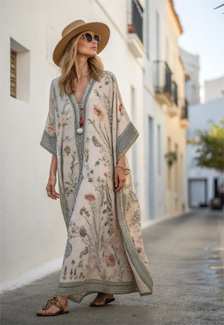 Women's V-Neck Maxi Caftan Dress with Bohemian Print