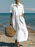 Women's Maxi Shirt Dress with Pleated Bodice and Defined Waist