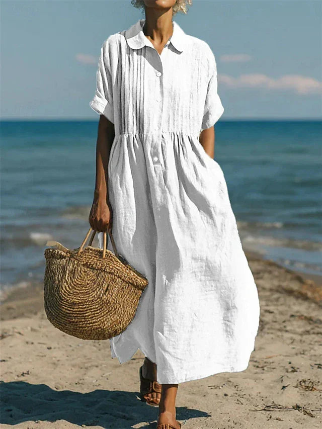 Women's Maxi Shirt Dress with Pleated Bodice and Defined Waist