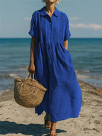 Women's Maxi Shirt Dress with Pleated Bodice and Defined Waist