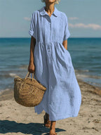 Women's Maxi Shirt Dress with Pleated Bodice and Defined Waist