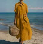 Women's Maxi Shirt Dress with Pleated Bodice and Defined Waist