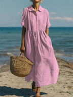 Women's Maxi Shirt Dress with Pleated Bodice and Defined Waist