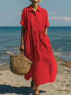 Women's Maxi Shirt Dress with Pleated Bodice and Defined Waist