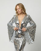 Robe longue paillettes argentées manches évasées argenté pour femme