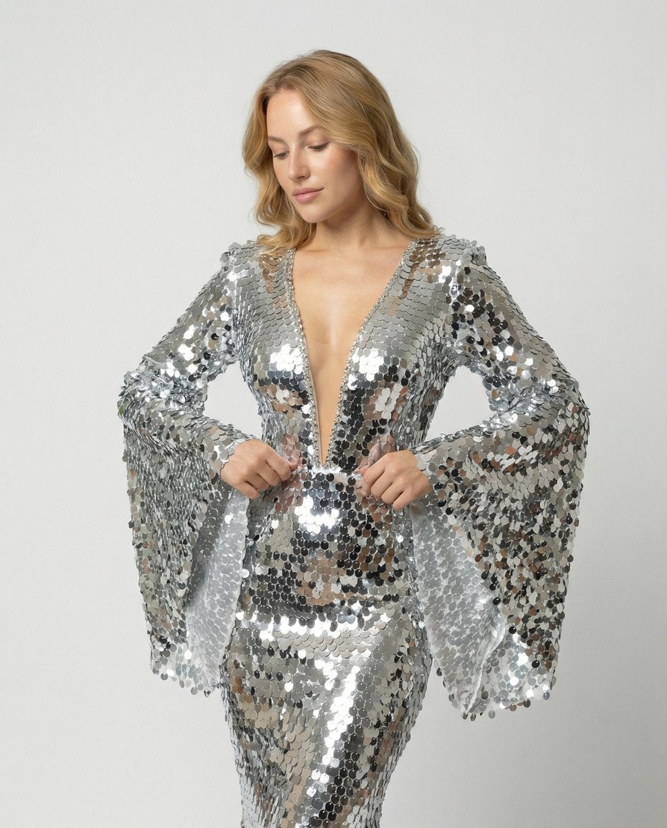 Robe longue paillettes argentées manches évasées argenté pour femme