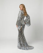 Robe longue paillettes argentées manches évasées pour femme – vue 2