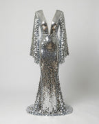 Robe longue paillettes argentées manches évasées pour femme – vue 4