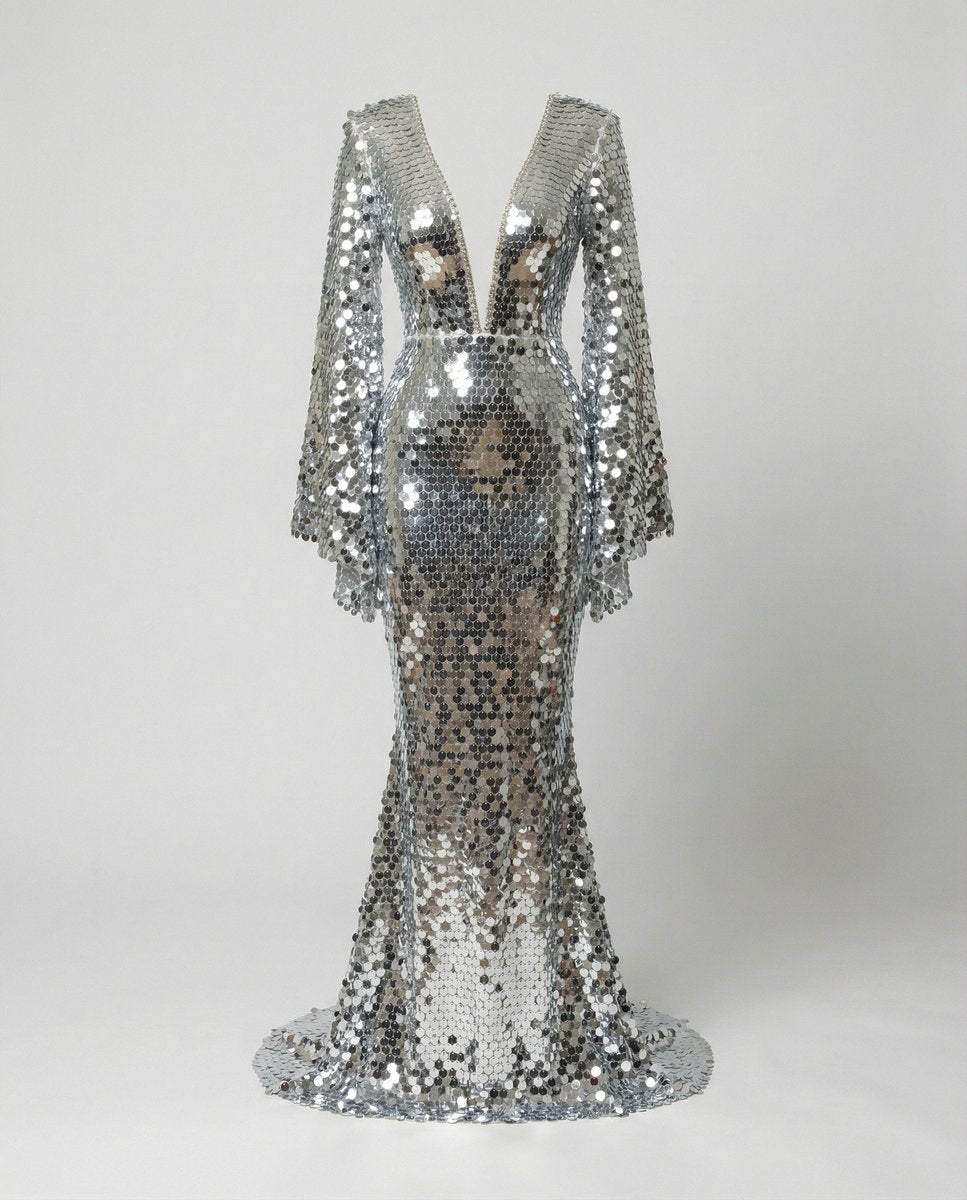 Robe longue paillettes argentées manches évasées pour femme – vue 4
