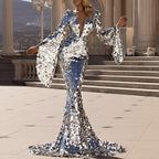 Robe longue paillettes argentées manches évasées pour femme – vue 5
