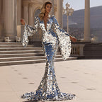 Robe longue paillettes argentées manches évasées pour femme – vue 6