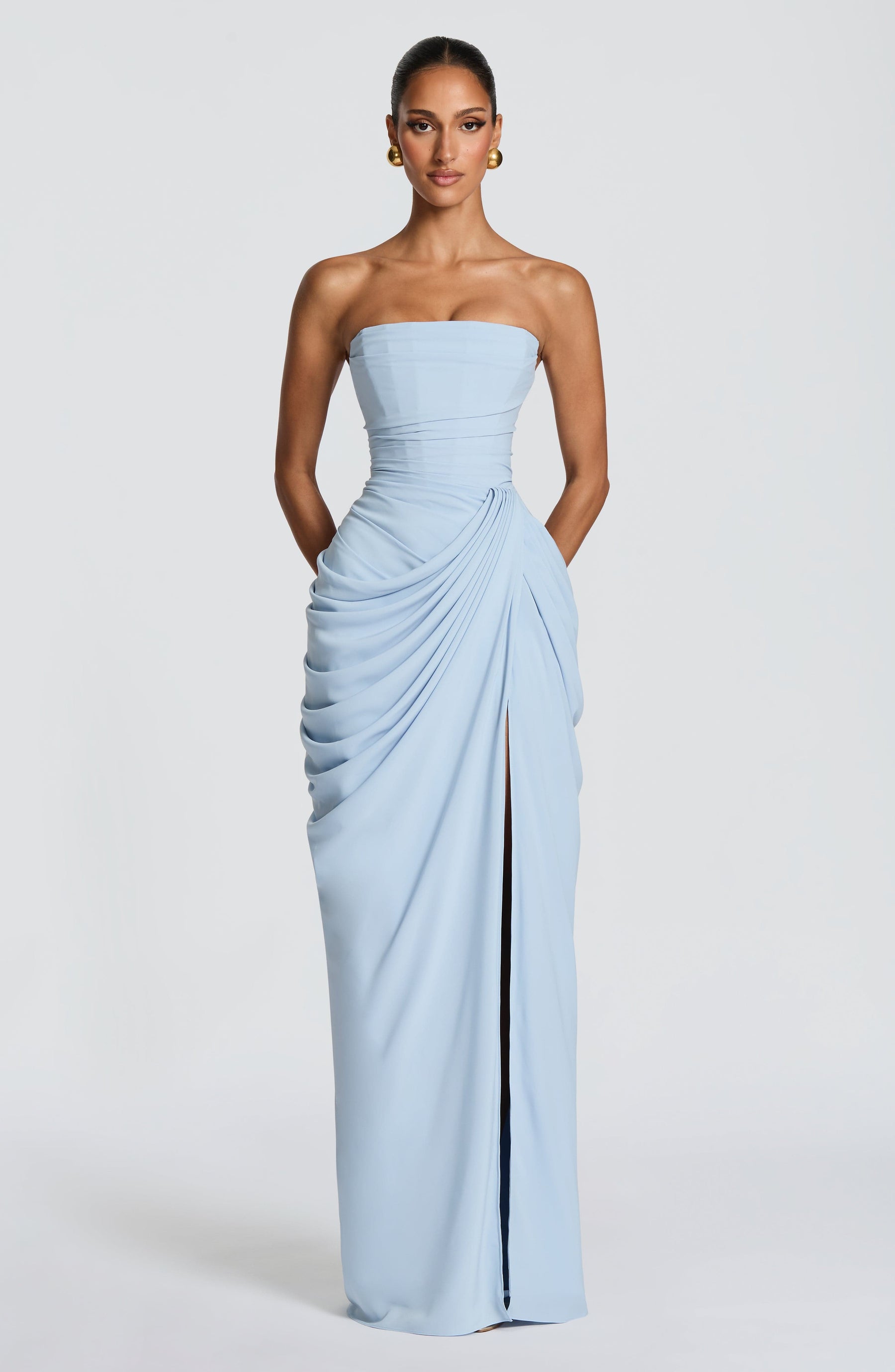 Women's Strapless Maxi Dress with Draped Waist and High Slit
