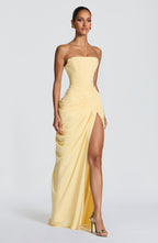 Women's Strapless Maxi Dress with Draped Waist and High Slit