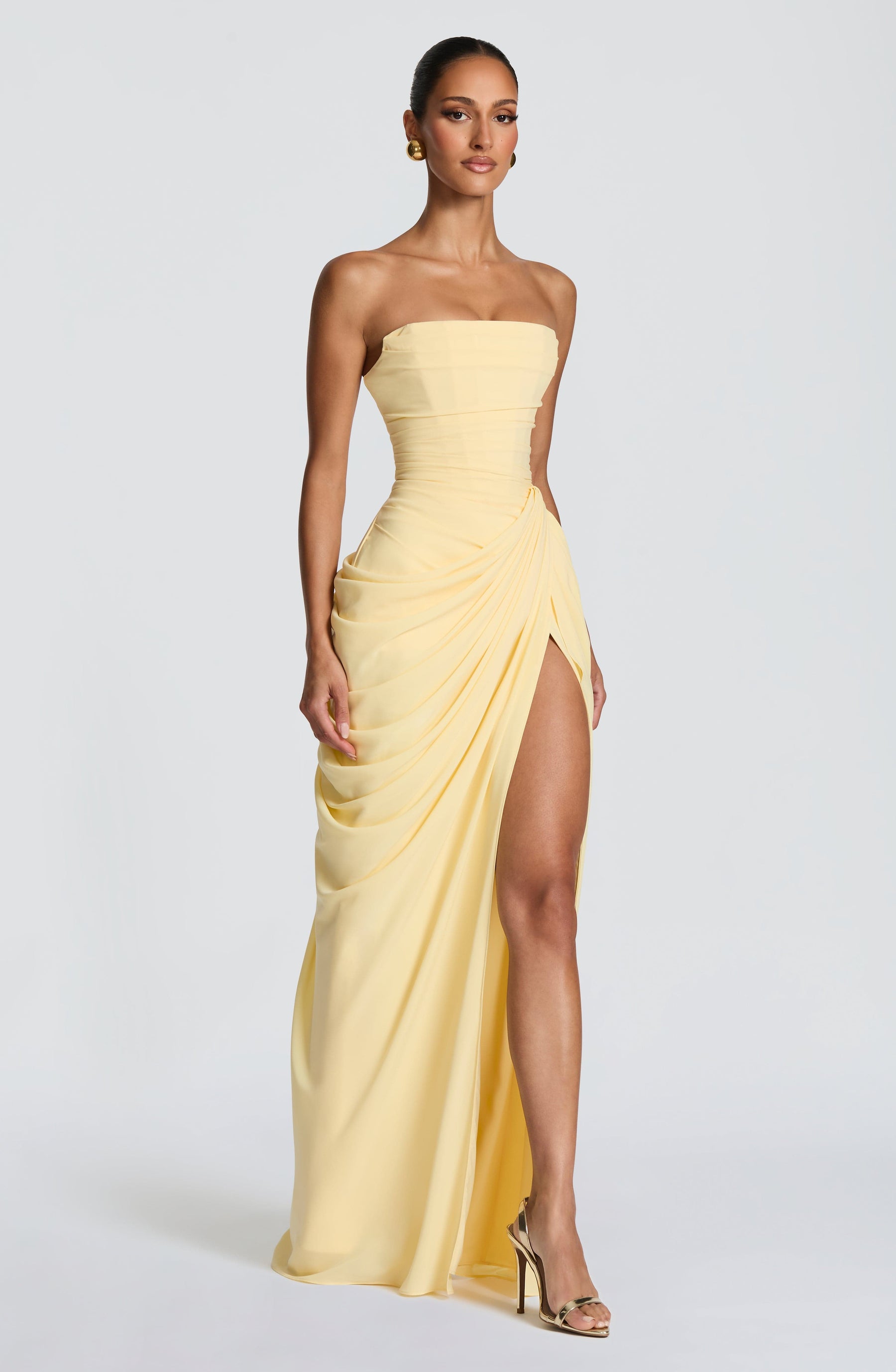 Women's Strapless Maxi Dress with Draped Waist and High Slit