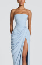Women's Strapless Maxi Dress with Draped Waist and High Slit