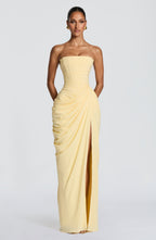 Women's Strapless Maxi Dress with Draped Waist and High Slit