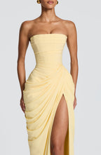 Women's Strapless Maxi Dress with Draped Waist and High Slit
