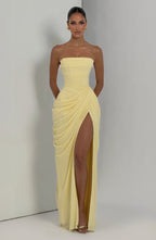 Women's Strapless Maxi Dress with Draped Waist and High Slit