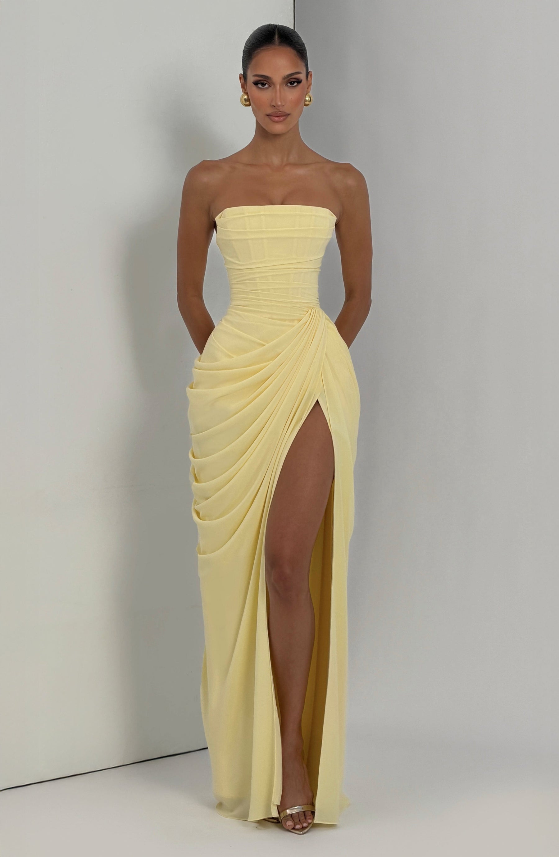 Women's Strapless Maxi Dress with Draped Waist and High Slit