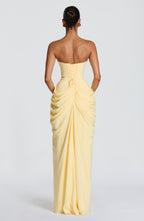 Women's Strapless Maxi Dress with Draped Waist and High Slit
