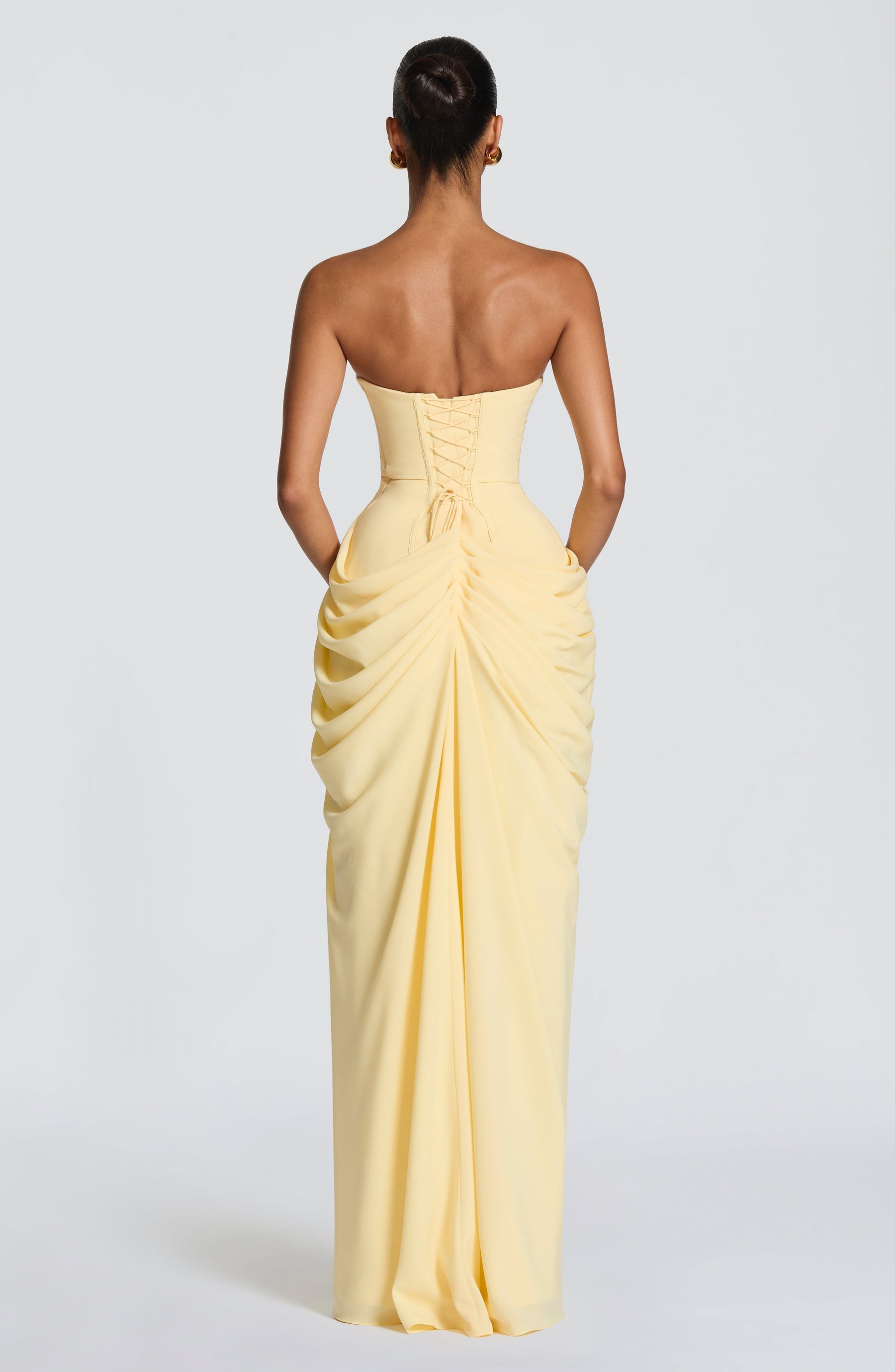 Women's Strapless Maxi Dress with Draped Waist and High Slit