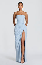 Women's Strapless Maxi Dress with Draped Waist and High Slit