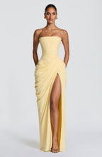 Women's Strapless Maxi Dress with Draped Waist and High Slit