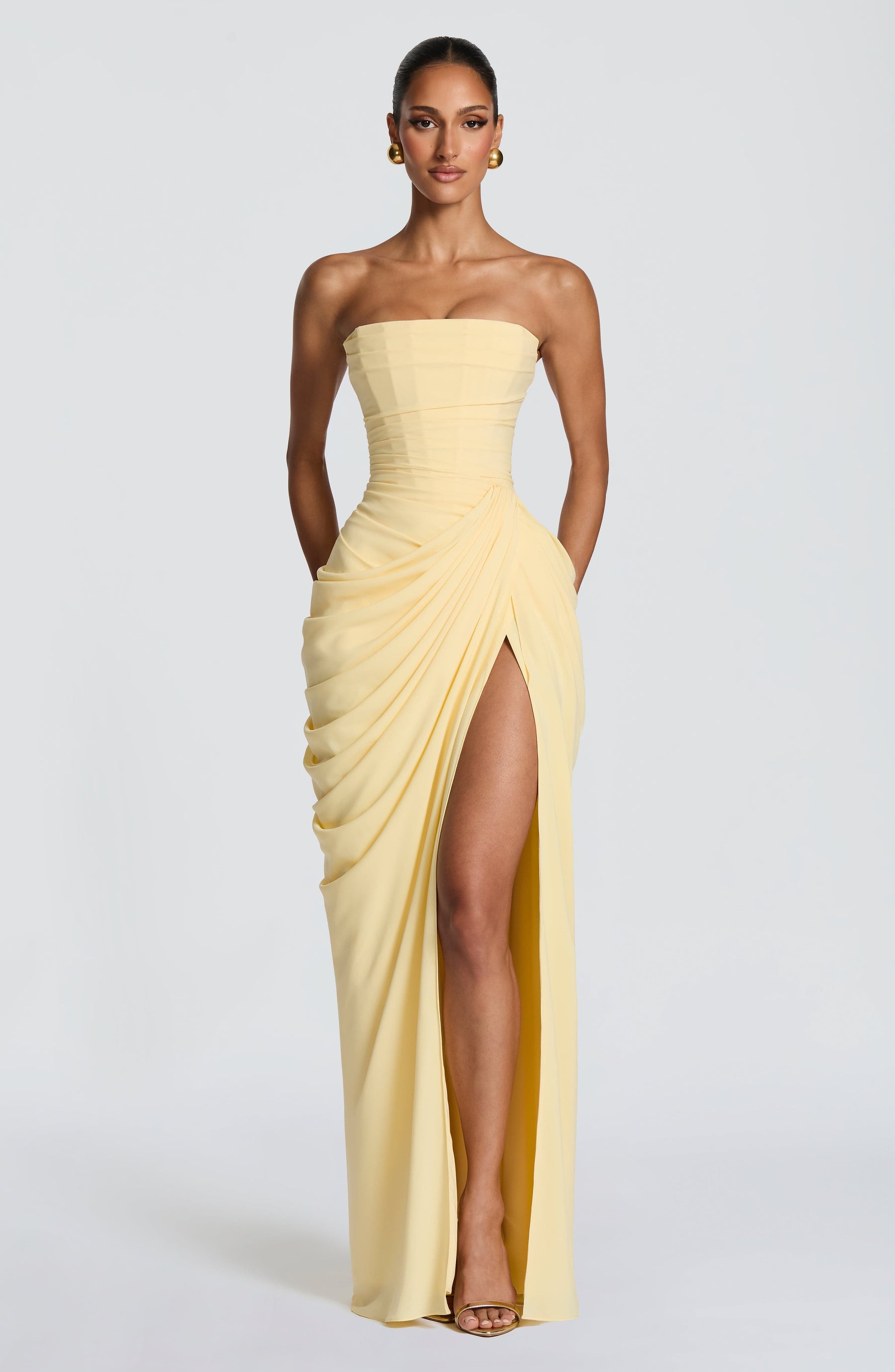 Women's Strapless Maxi Dress with Draped Waist and High Slit