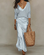 Women's Satin Slip Maxi Dress with Adjustable Straps and V-Neck