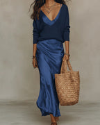Women's Satin Slip Maxi Dress with Adjustable Straps and V-Neck