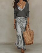 Women's Satin Slip Maxi Dress with Adjustable Straps and V-Neck