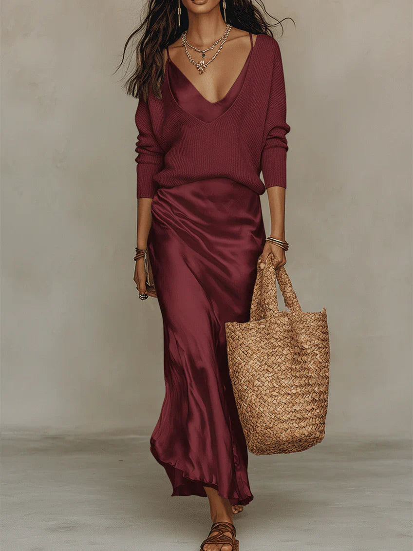 Women's Satin Slip Maxi Dress with Adjustable Straps and V-Neck