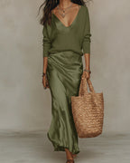Women's Satin Slip Maxi Dress with Adjustable Straps and V-Neck