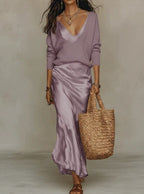Women's Satin Slip Maxi Dress with Adjustable Straps and V-Neck