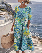 Women's Floral Print Midi Dress with Rolled Sleeves and Pockets
