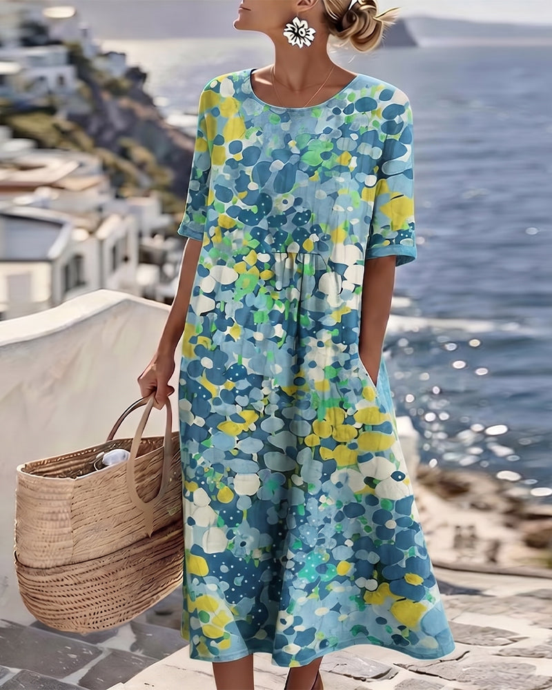 Women's Floral Print Midi Dress with Rolled Sleeves and Pockets