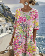 Women's Floral Print Midi Dress with Rolled Sleeves and Pockets